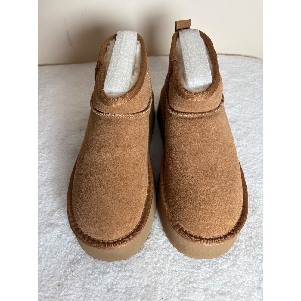 Temofon Chestnut Suede Platform Mini Boots Faux Fur Lined Ankle Booties Size 8